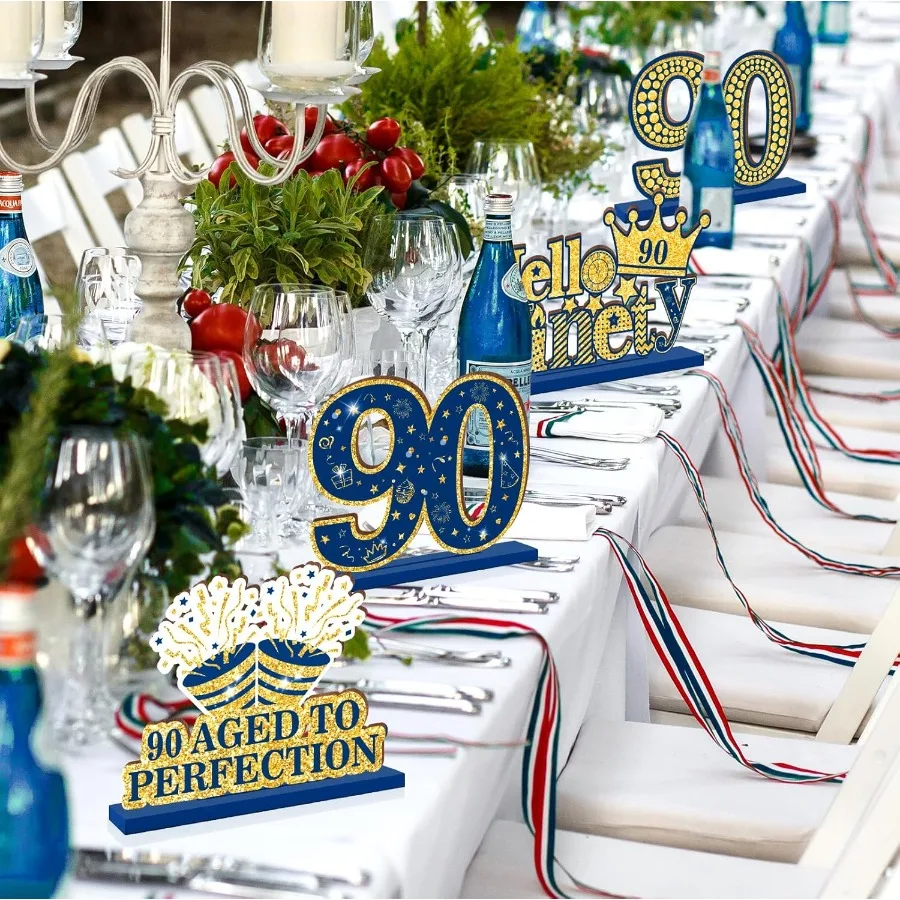Feliz 90th aniversário decorações de mesa azul 90th aniversário peças centrais sinal azul marinho ouro 90th aniversário festa suprimentos de