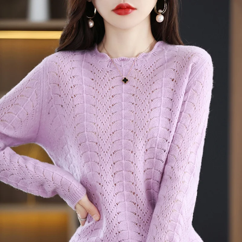 2023 Free Shipping Womens Clothing Sweaters Long Sleeve T-shirt Wool O-neck Loose Hollow Out Standard Pullovers New Knit