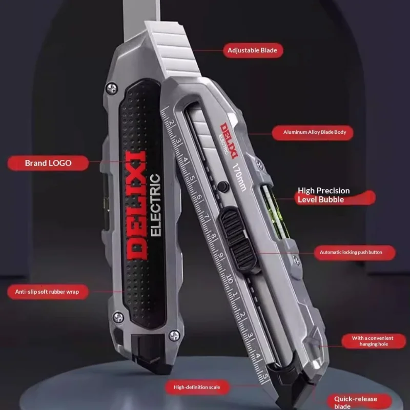 Delixi Portable Sharp 60 Degree Utility Knife Solid Metal Stainless Steel Box Cutter Cutting Tools Package Opener Auto‑Lock Tool
