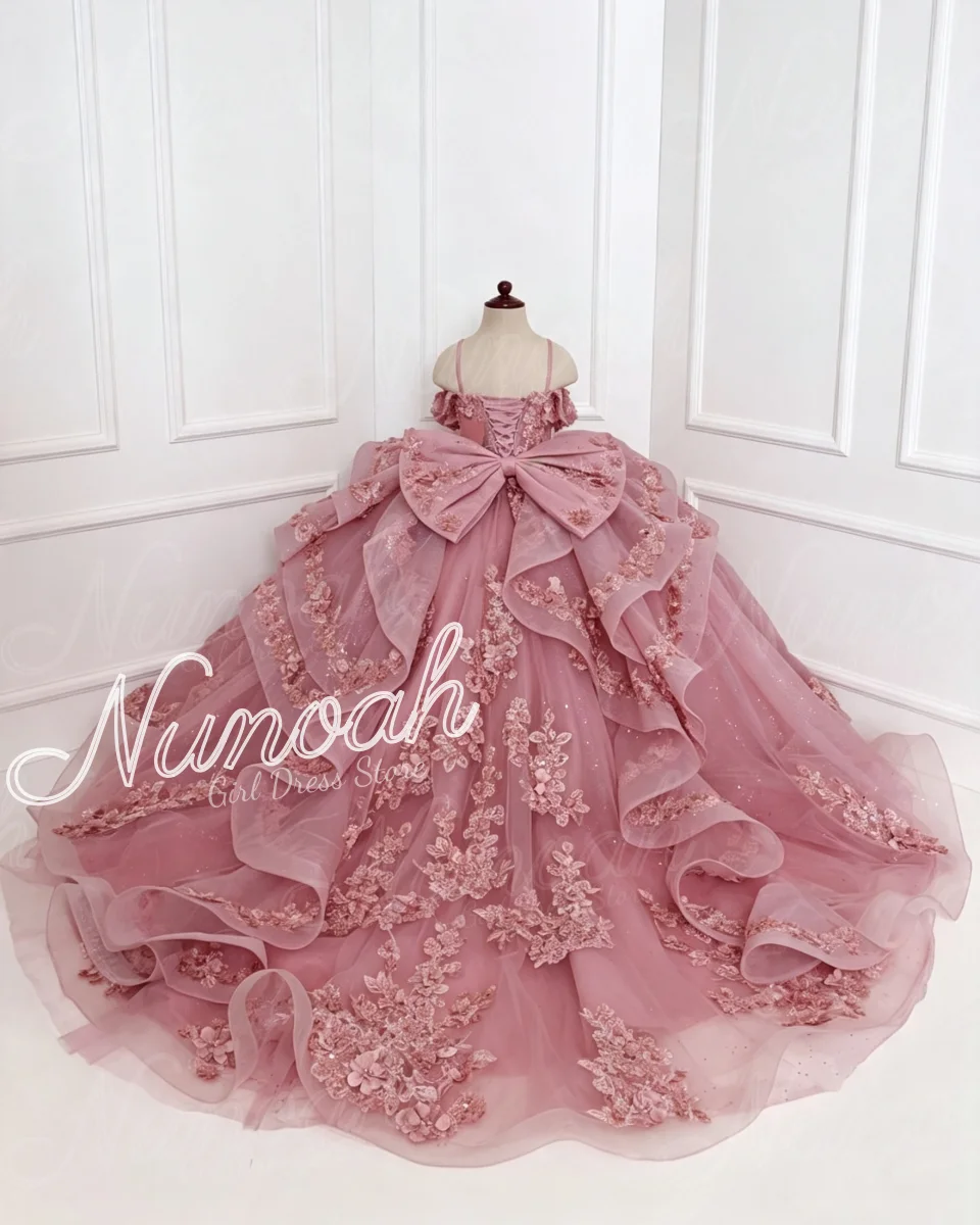 Luxury Pink Flower Girl Dresses Sequins Lace Appliques Pageant Gowns For Wedding with Bow Trail Girl Birthday Party Customized