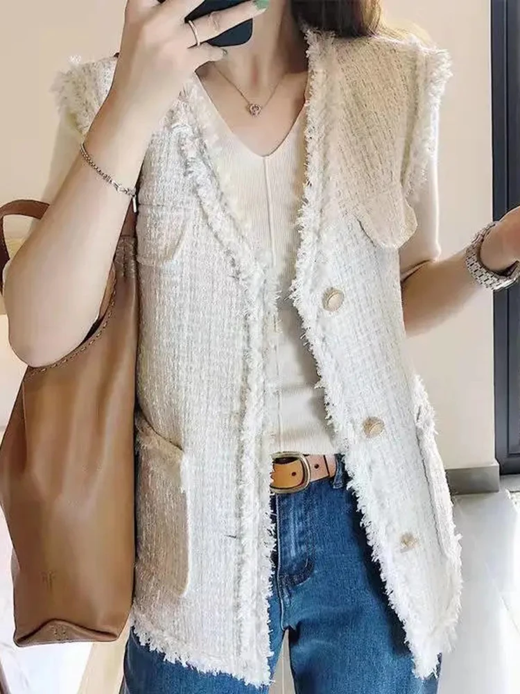 Korean Tweed Vest Jackets Oversized Sleeveless Coat Casual Chaleco Chaqueta Spring Summer Gilet Top Fashion Unlined Waistcoat