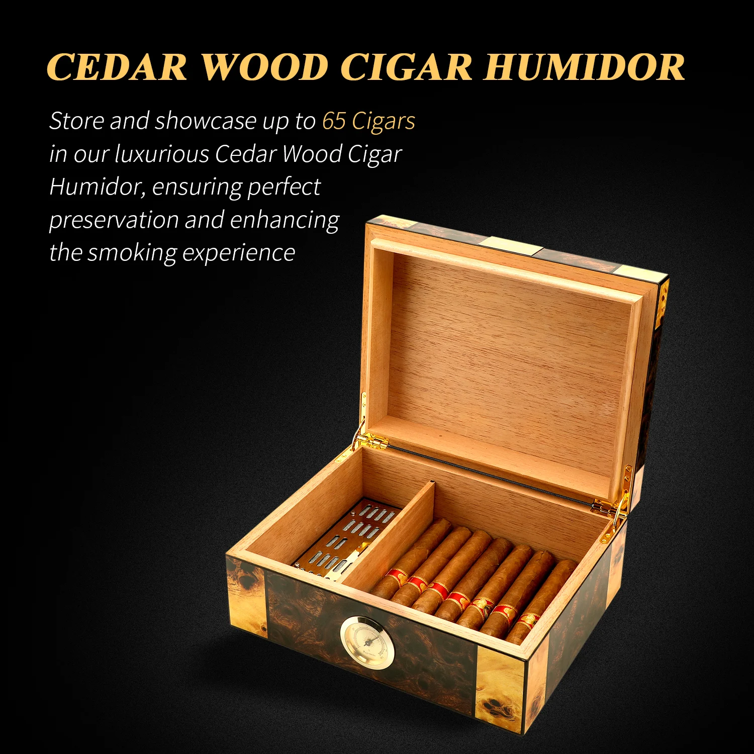 XIFEI Travel Cigar Humidor Box W/Hygrometer Humidifier 50pcs Capacity Cedar Wood Cabinet Portable Smoking Accessories