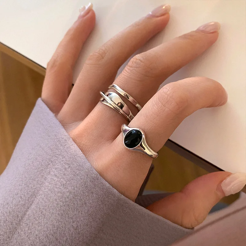 925 Silver Open Finger Ring Black Stone Multilayer Punk Geometric Stackable For Women Girl Jewelry Gift Dropship Wholesale