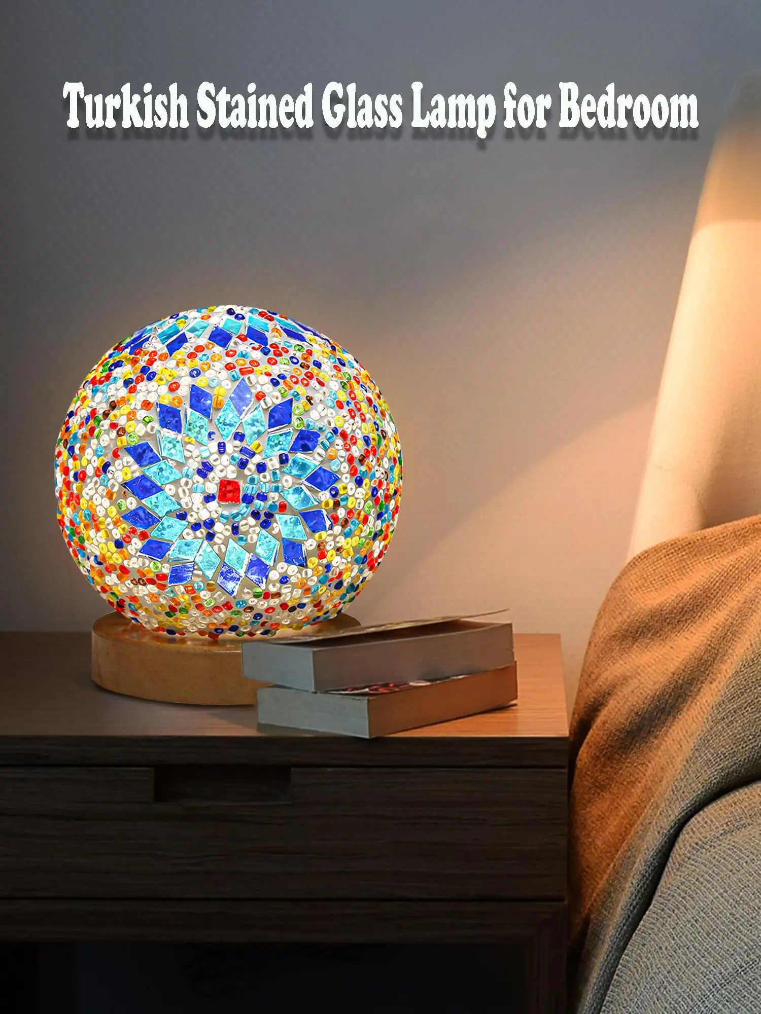 Turkish Table lamp,Bedside Lamps with Wooden Base,Bohemian Tiffany Style Bedroom Lamps,Moroccan Lantern for Office Decorations