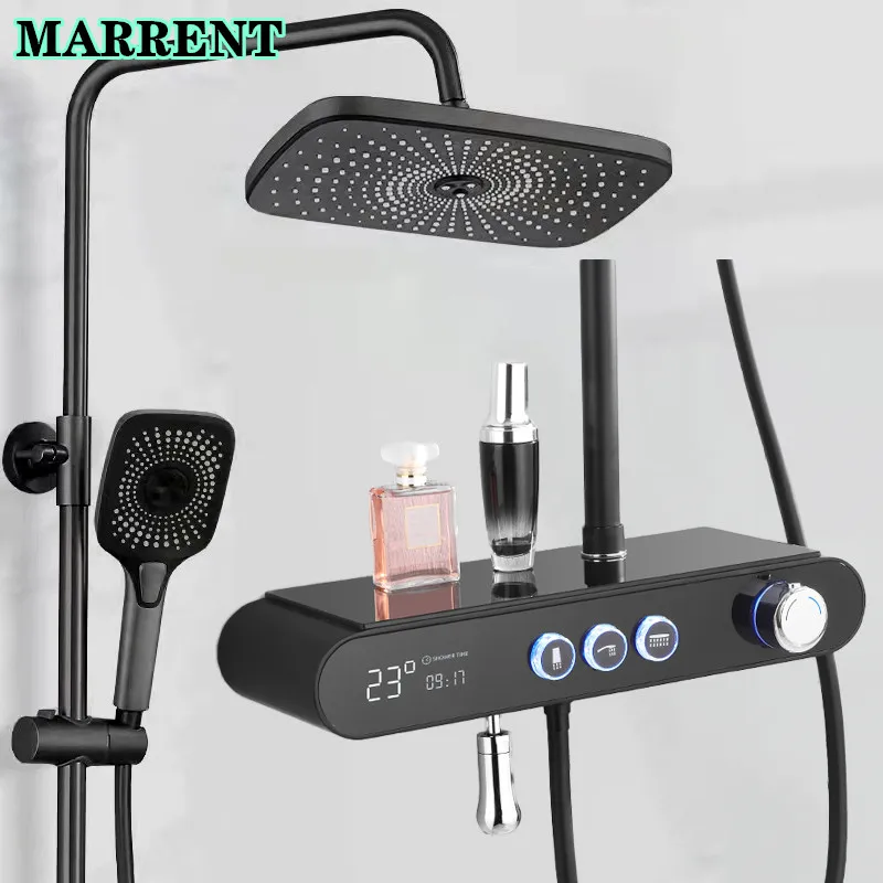 Bathroom Shower Set Matte Black Thermostatic Bathroom Shower Faucet Tap Rainfall Shower Head  Brass Digital Bath Shower Set