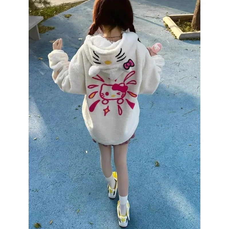 Sanrio Hello Kitty Embroidery Hooded Cotton Lamb Fleece Coat Y2k Women Zipper Trend Jacket Women Winter Thick Warm Clothes Gift