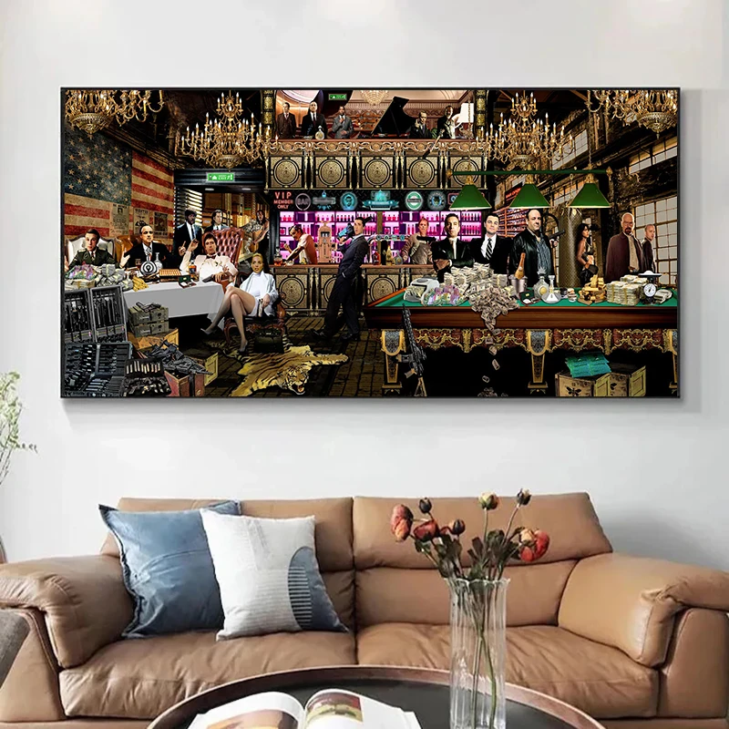Klassische Filmfiguren-Party: Der Wolf von Wall Street, Der Pate, Scarface, Pulp Fiction – Leinwandbild, Kunstdruck, Wanddekoration für Zuhause
