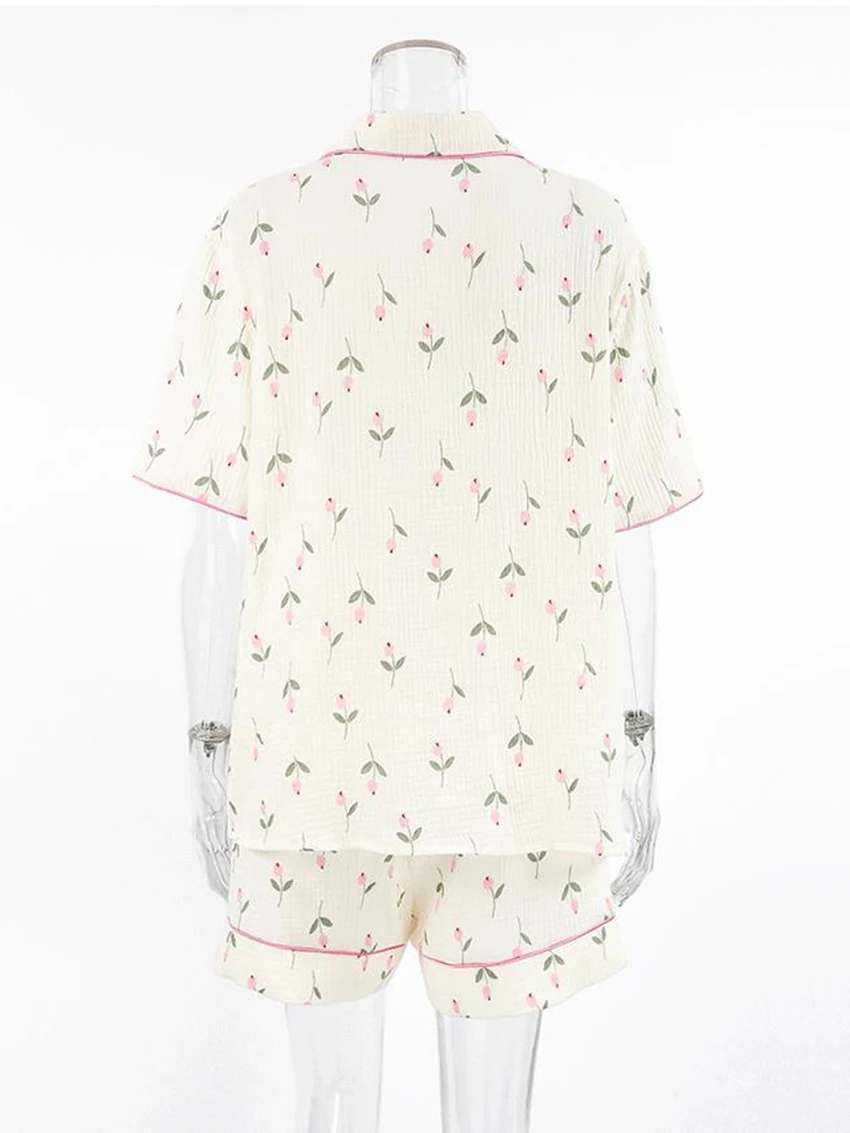 Marthaqiqi Cotton Ladies Pajamas 2 Piece Suit Short Sleeve Sleepwear Turn-Down Collar Nightie Shorts Casual Female Nightgown Set