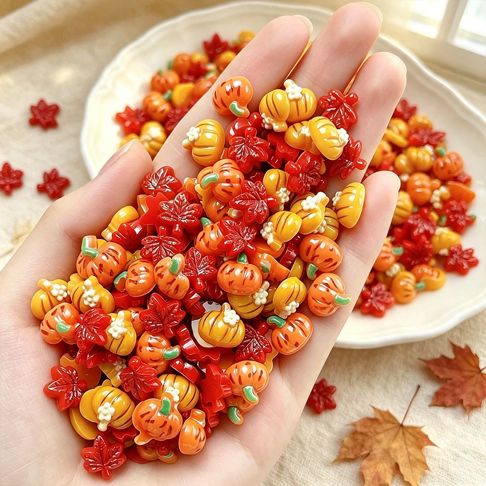30Pcs Kawaii Cartoon Pumpkin & Maple Leaves Nail Charms 3D Resin Halloween Autumn Pumpkin Nail Rhinestone DIY Manicure Nail Deco