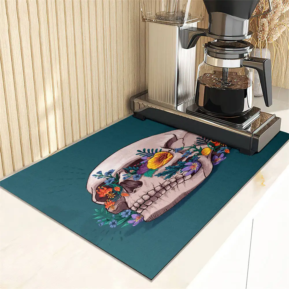 Flower Sugar Skull Pattern Dish Drying Mat Super Absorbent Kitchen Counter Drain Pad Tableware Cup Bottle Sink Waterproof Mat