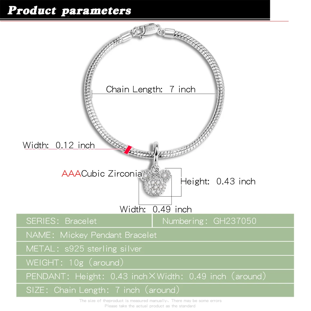 Light Luxury Trendy Snake Chain Shiny Zircon Ins Mickey Theme Bracelet For Women Men Simple Style Jewelry Daily Holiday Gifts