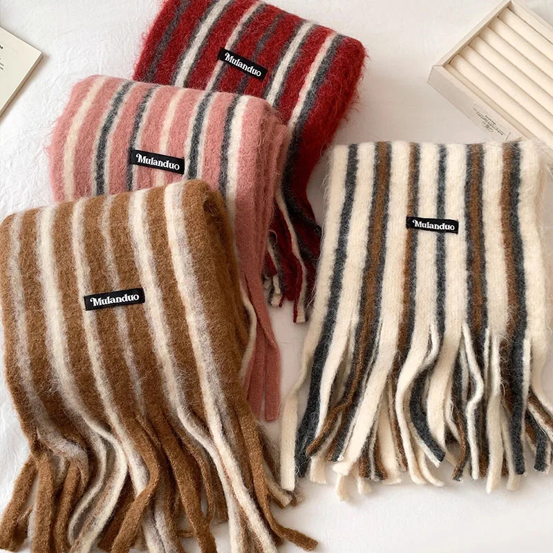 

Полосатый шарф для женщин, длинный, большой, утолщенный, мягкий, теплый зимний шарф, милый цвет, зеленый, красный, розовый, желтый, в полоску