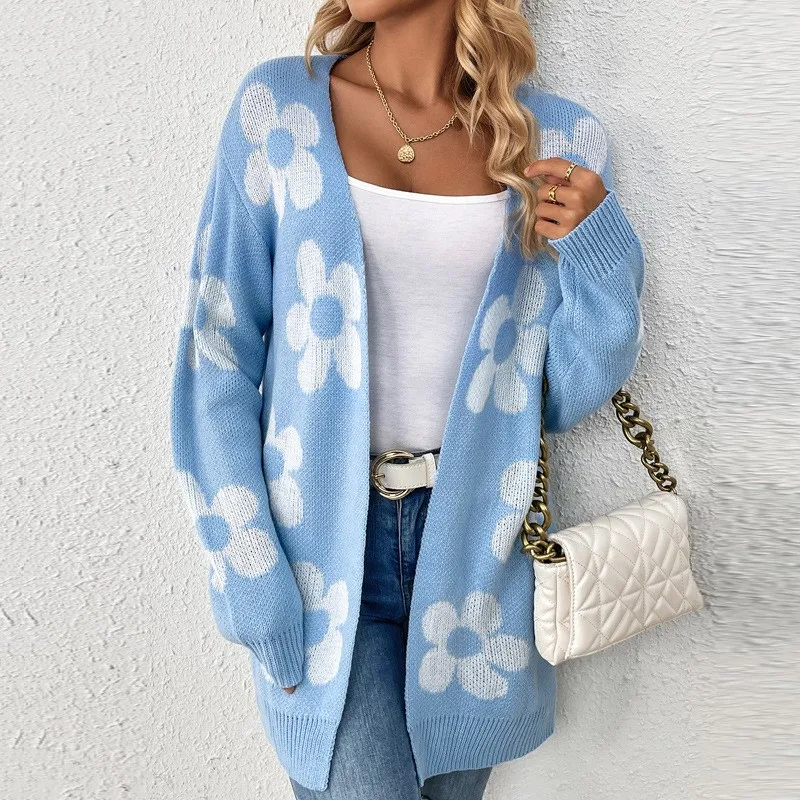 

Medium To Long Sweater Jacket For Women Loose Contrasting Colors Sweet Flowers Autumn And Winter New Warm V-neck Cardigan 2024