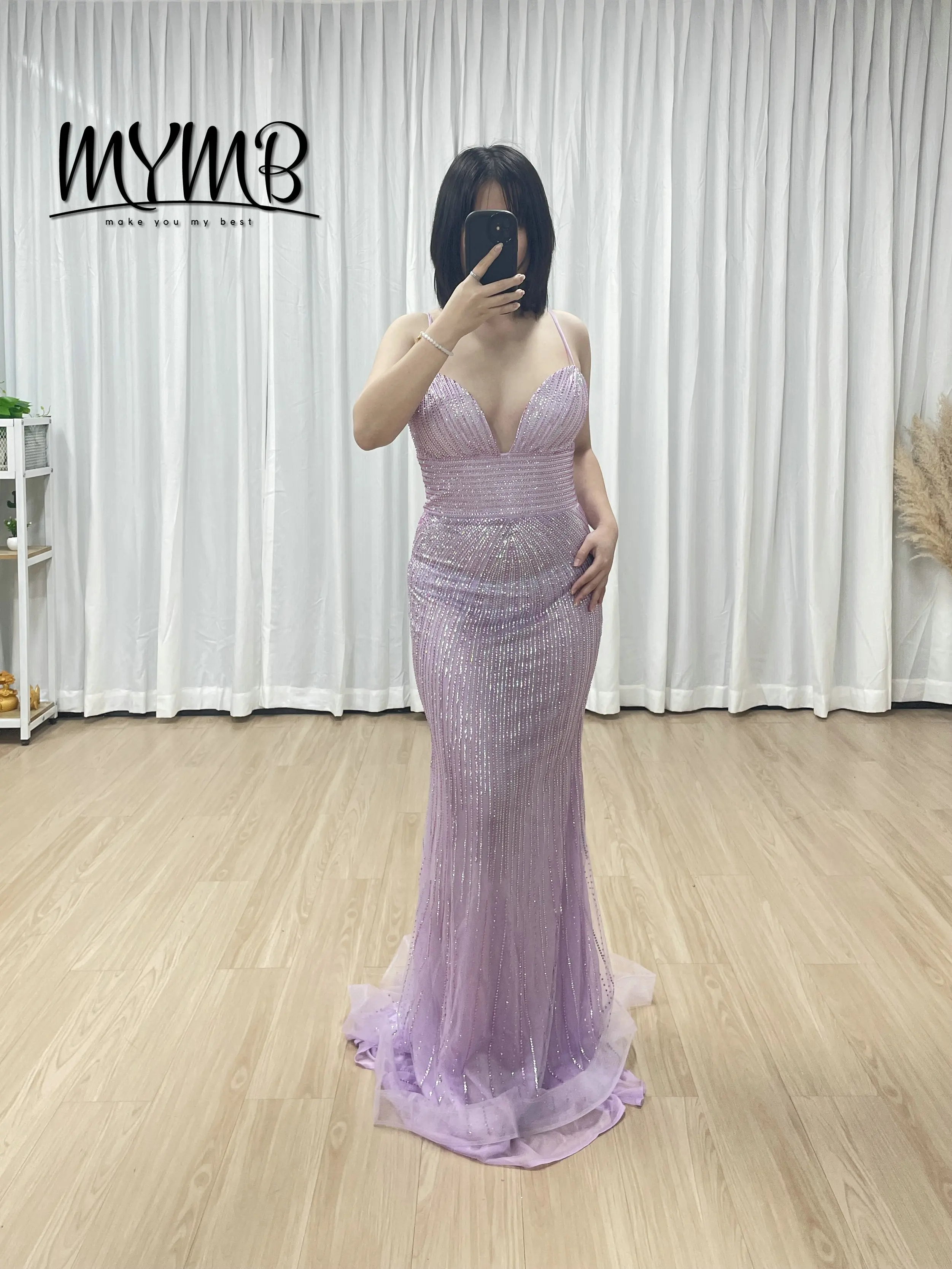 MYMB Dazzling Exquisite Beaded Embroidery Embellished Sexy Low Back Spaghetti Strap V Neck Mermaid Evening Gown for Prom MB40433
