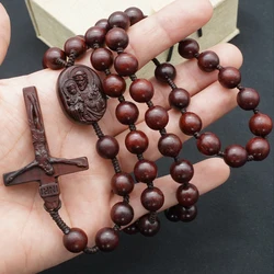 Lobular red sandalwood St Joseph Rose Rosary Catholic Bracelet 10mm Beads Cross Rosarios Catolicos Wood Religious Jewelry Gifts