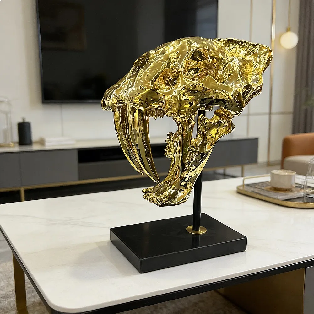 Creative Simulation Dinosaur Skull Model Gold Dragon Skeleton Resin Desktop Ornament