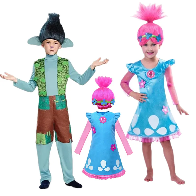 Vestido T-Trolls para niñas, disfraces de cumpleaños de amapola de princesa, ropa de Cosplay de rama Trolls para niños, trajes de Carnaval de Halloween, peluca para niños