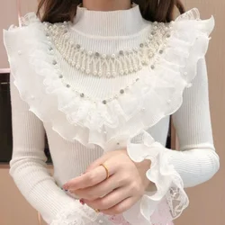 New In Pearls Beading Tassel Lace Patchwork Sweater Autumn Winter Knitwear Slim Fit Pullover For Women Long Sleeve Sweater