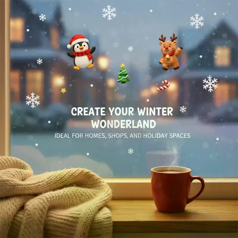 Cute Christmas Window Stickers Same Color Both Sides: Lovely Cartoon Patterns Home Shop Decoration
