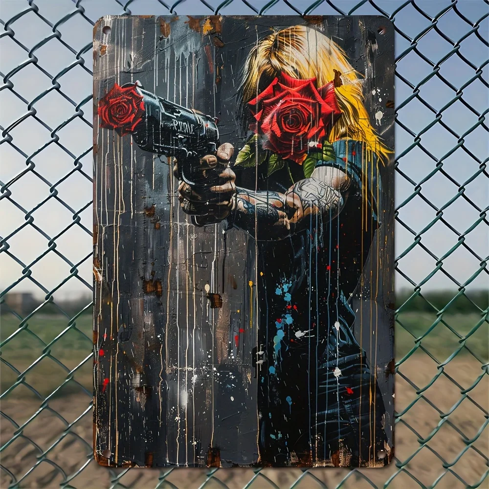 Vintage Gun Rose Metal Tin Sign, Retro Tin Wall Decor, , Portrait Orientation, No Electricity Needed, Featherless, with Pre-Dri