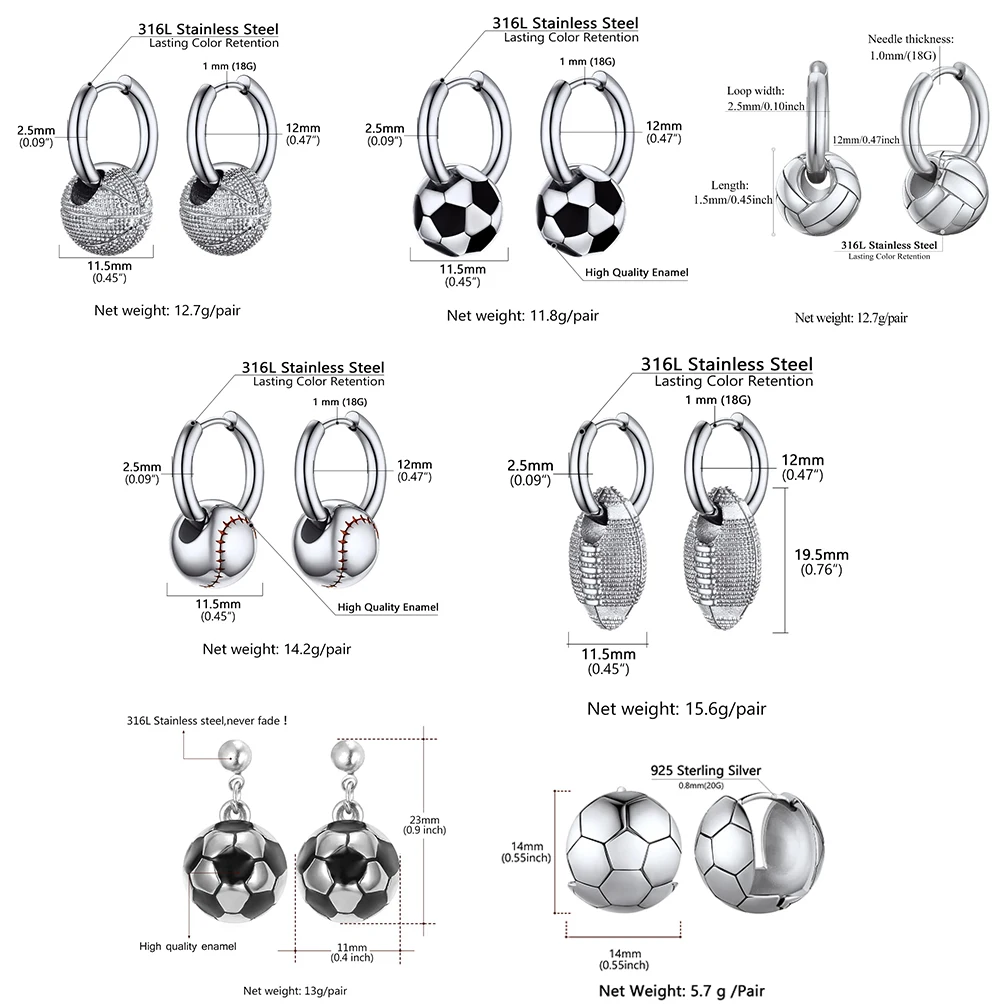U7 ثلاثية الأبعاد كرات رياضية أقراط للرجل المرأة الفولاذ المقاوم للصدأ كرة القدم كرة القدم البيسبول الرجبي الكرة الطائرة مجوهرات هدية لمحبي الرياضة
