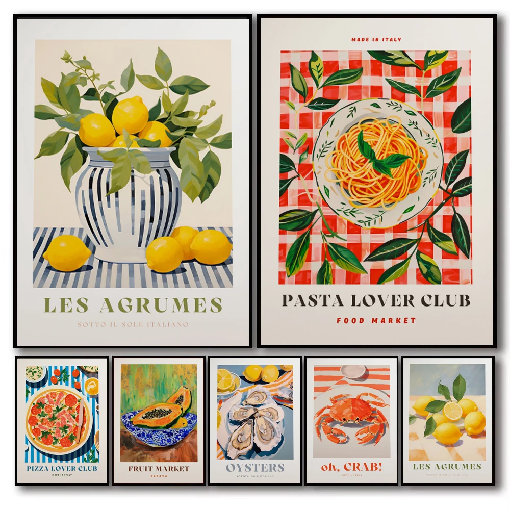 Póster en lienzo De licor De Pizza, limón y ostra, impresiones artísticas De pared De comida tradicional italiana Retro para sala De estar moderna, cocina y hogar
