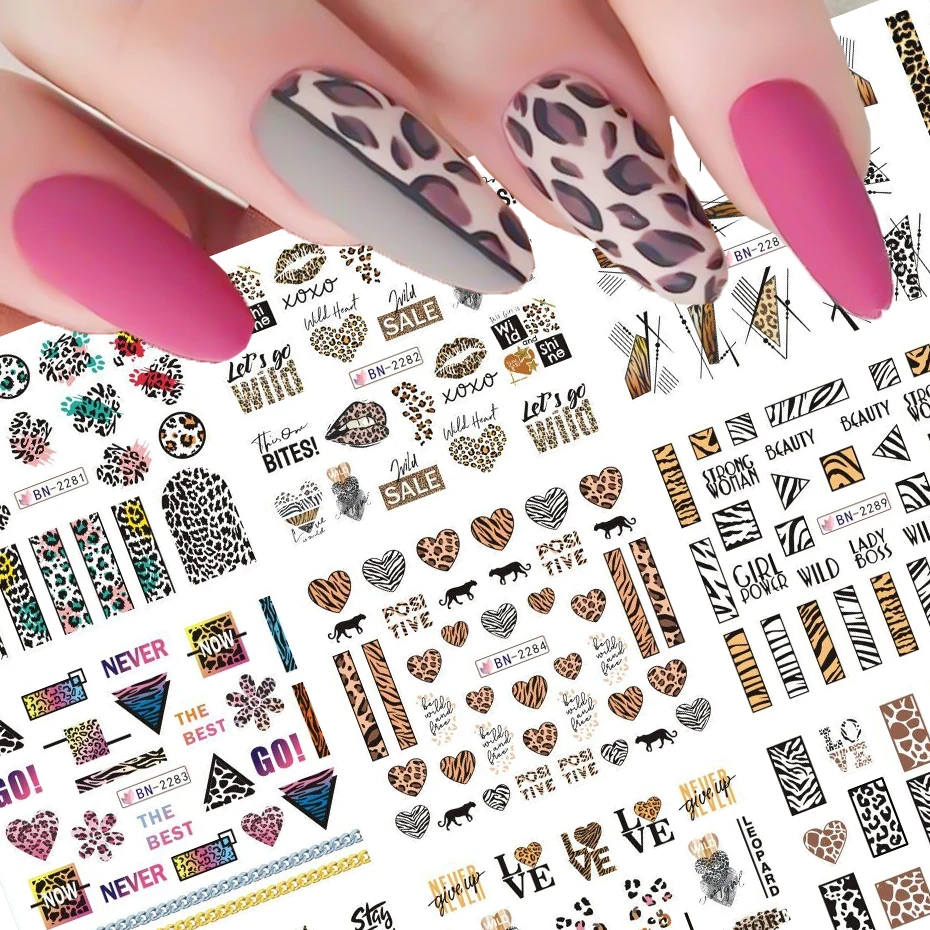 12 pezzi adesivo per nail art con stampa leopardata striscia di animali selvatici cuore d'amore cursore in pelle di tigre geometria tatuaggio manciure adesivo acqua BEBN