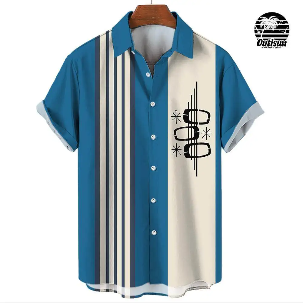 Business Casual Men's Casual Short Sleeve Shirt Striped Geometric Design Print Summer Fashion Men Daily Commuting Wear Oversized