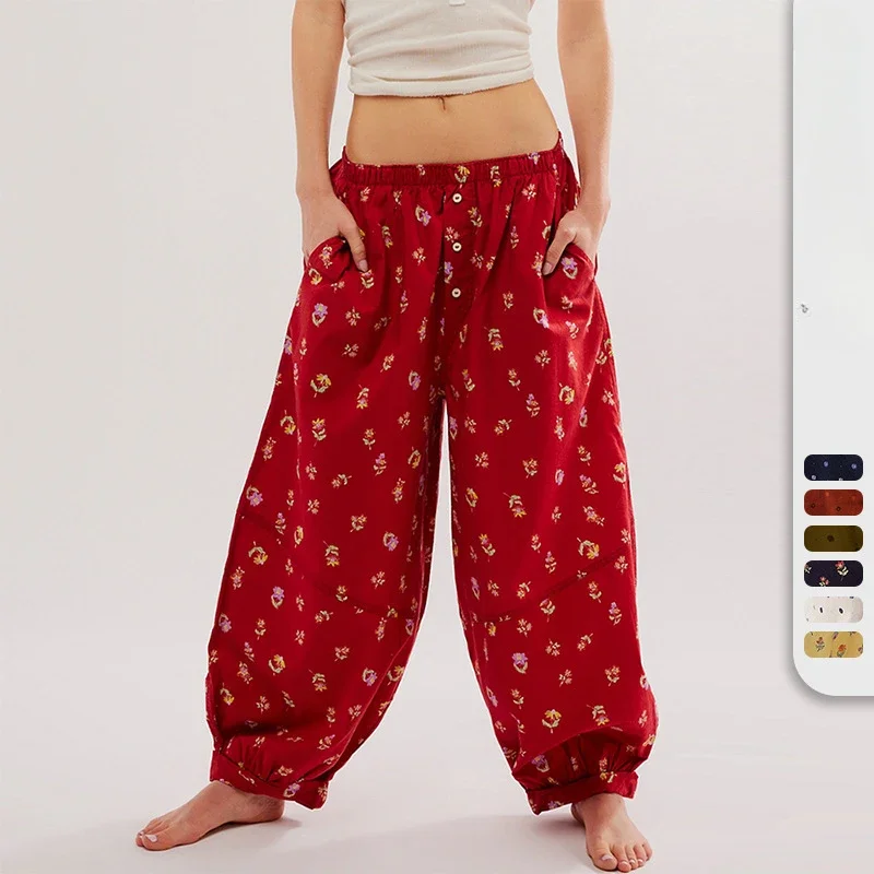 

Loose Lantern Pants with Pockets and Floral Patterns, Wearing Elastic Waist Printed Casual Pants for Women