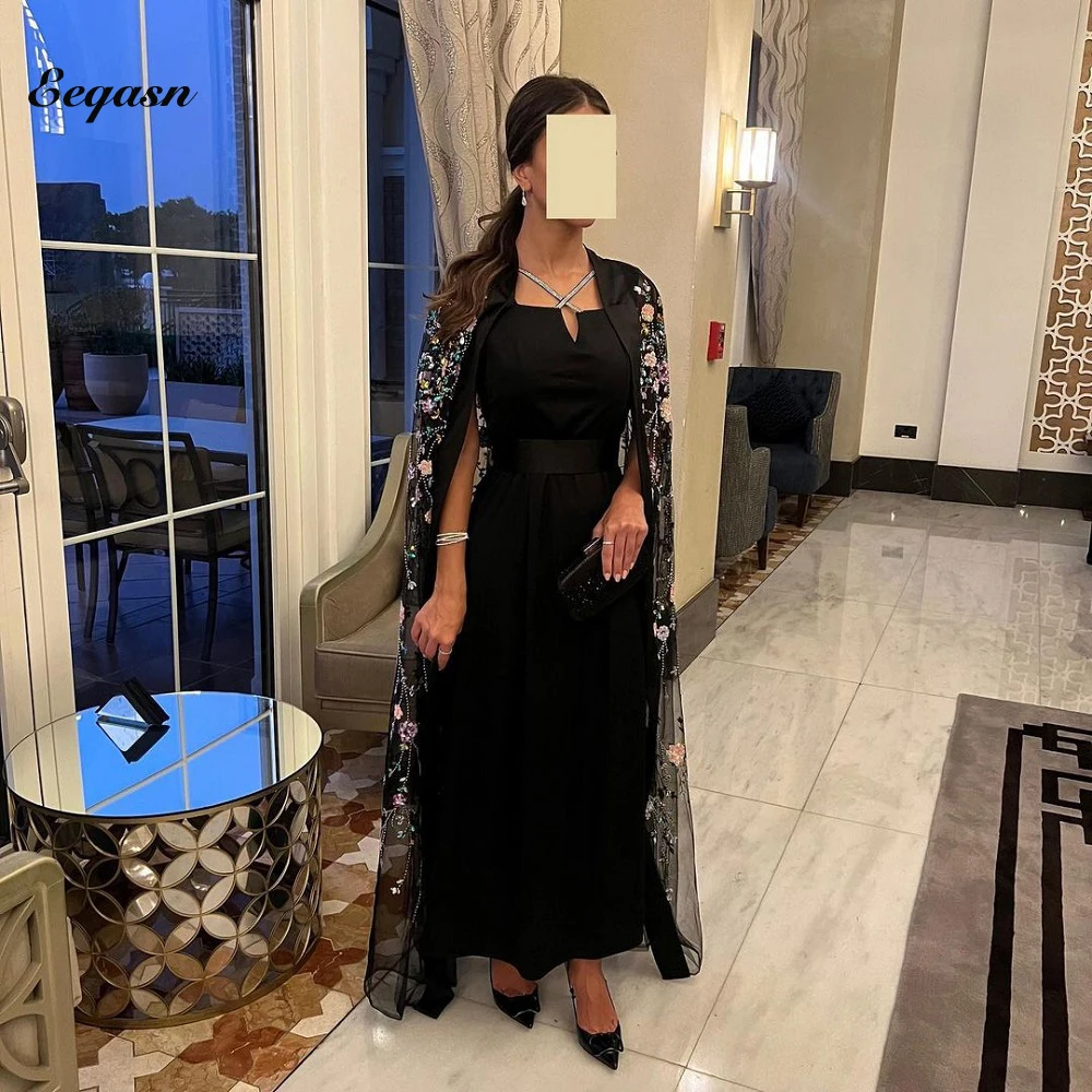 

Two pieces Prom Dress Beaded Flowers Jacket Saudi Arabic Black Formal Evening Dresses Vestidos De Noche فساتين سهره فاخره