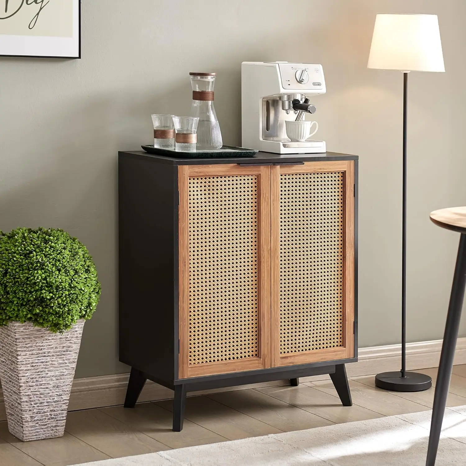 Sideboard Buffet, Kitchen Storage Cabinet with Rattan Decorated Doors, Accent Cabinet,Waterproof Tabletop Black