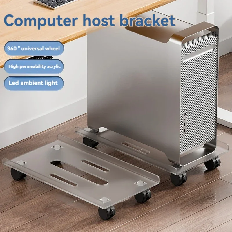 

Transparent Mobile Desktop Computer Host Bracket Chassis Heightened Base with Lights with Wheels Cooling Storage Racks