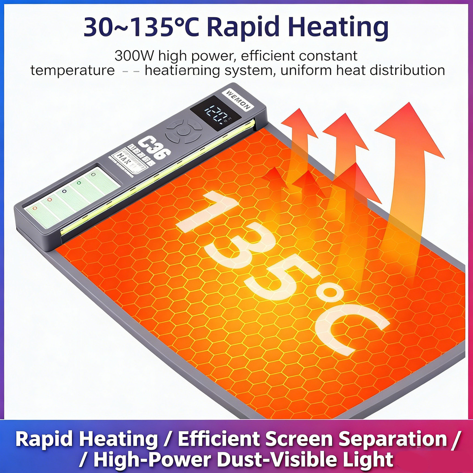  WEMON C36 300W Screen Remover Tool Fast Heating 30-135°C with Dust Lamp for Mobile Phone Repair 