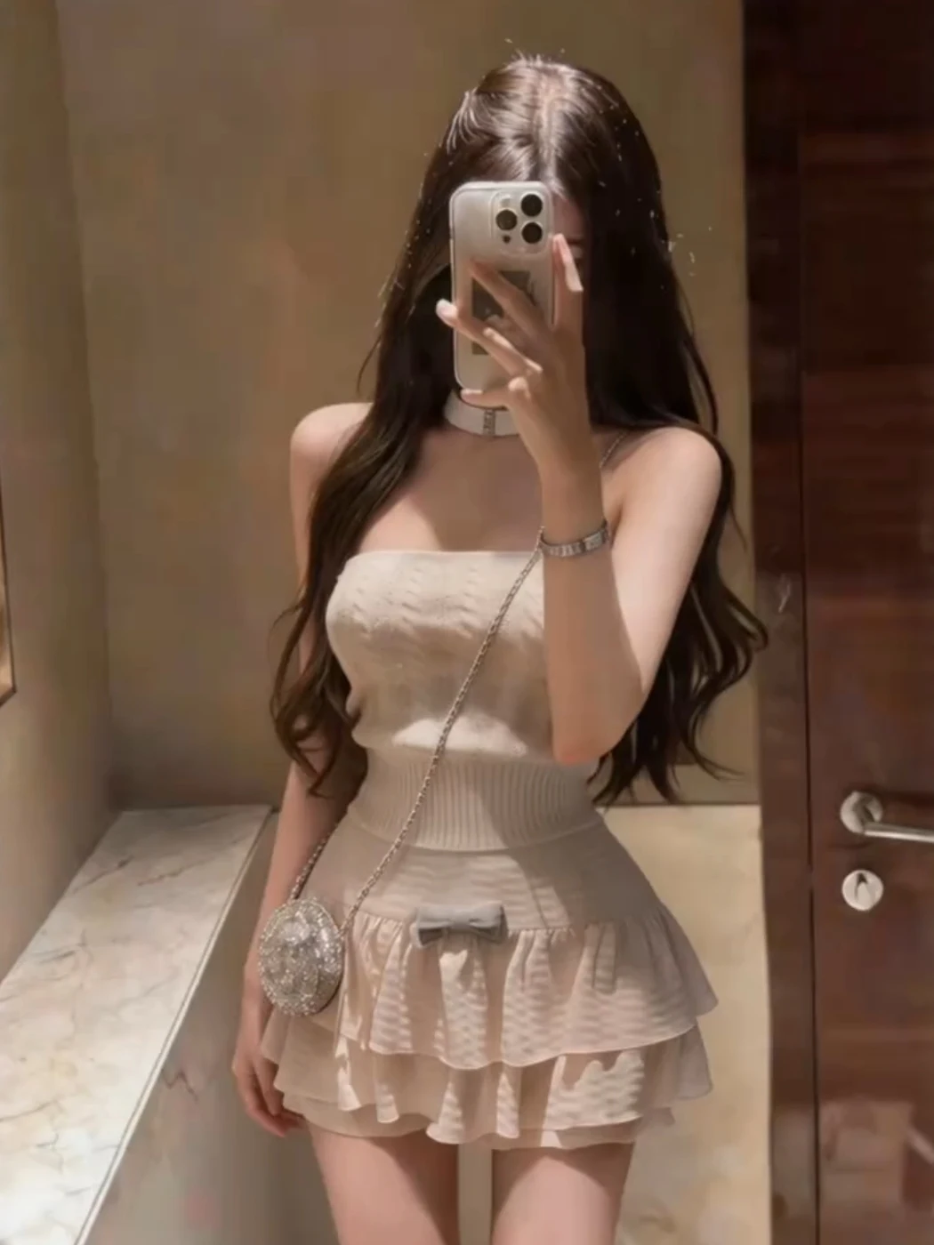 

Slimming Knitted Halter Vest And Cake Short Skirt Two-Piece Set Women's Summer Korean Sweet Style Fashion Ensemble