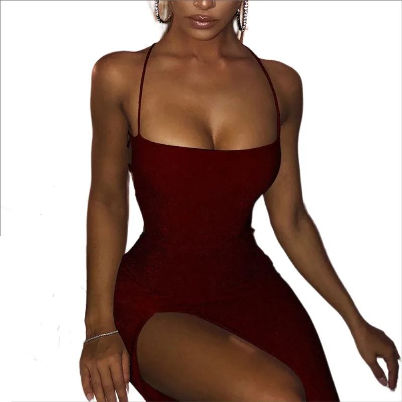 New Dresses 2025 Woman Fashion Summer Sexy Halter Backless Solid Color Gold Split Skirts Women's Clothing Tops