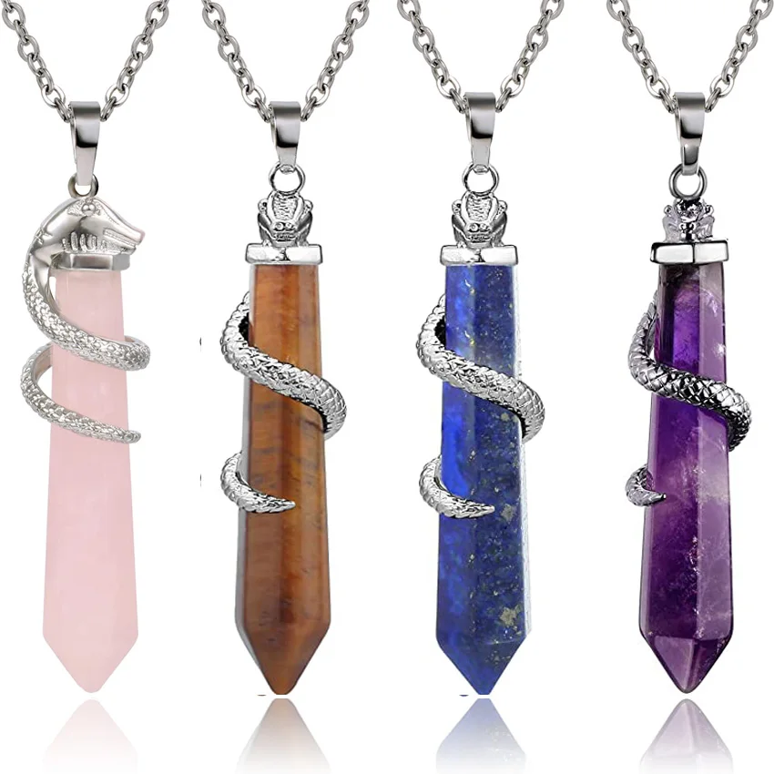 XSM Copper Snake Wrapped Natural Amethyst Rose Quartz Energy Healing Crystal Hexagonal Pendant Necklace for Women Men Jewelry