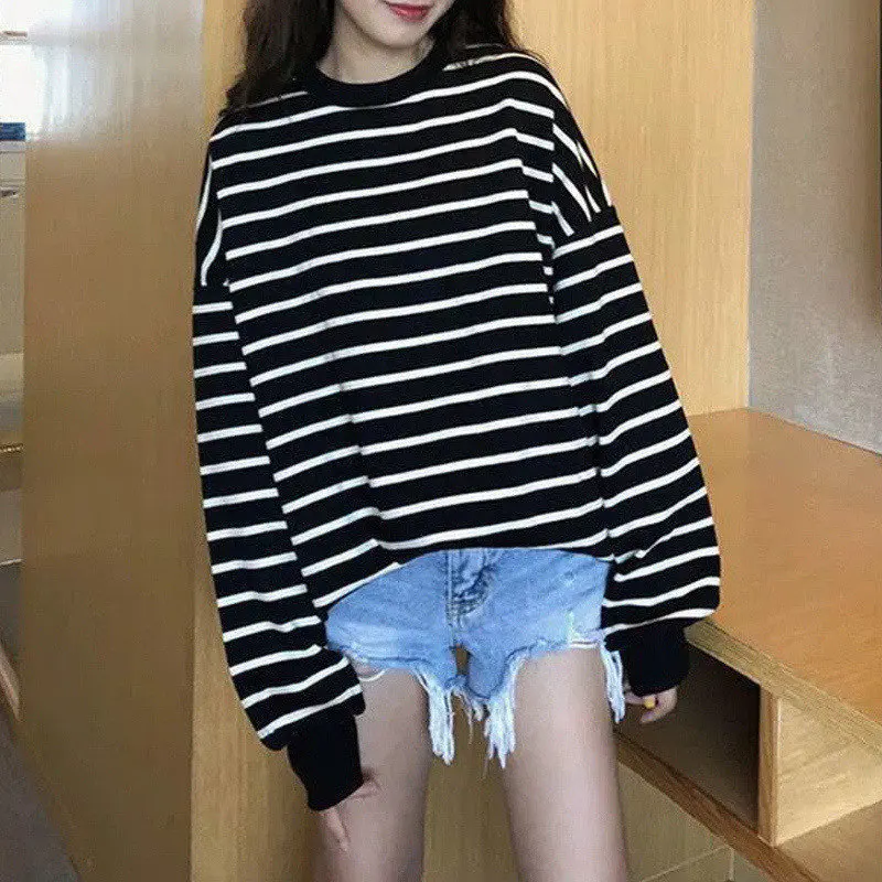 Sudadera clásica de manga larga a rayas para mujer, ropa de calle de gran tamaño, jerséis informales de lana para Otoño e Invierno