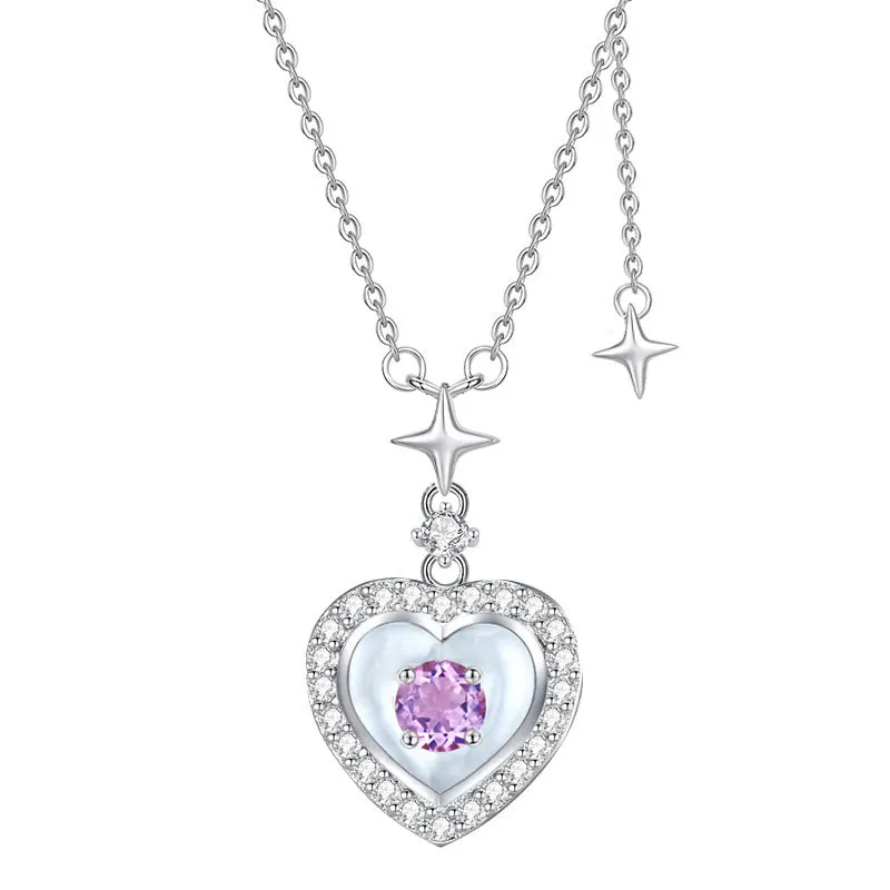 

925 Sterling Silver Women Girl Heart Shape Mother Shell Elegant Pendant Necklace Topaz Citrine Garnet Amethyst Peridot Gift