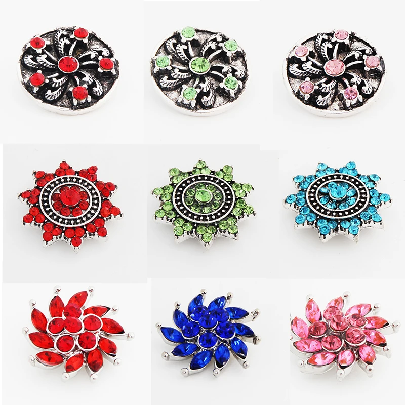 Colorful Flowers Rhinestone Rotated Snowflake Charms Round 18mm Snap Buttons Fit DIY Snap Necklace Bracelets Jewelry Fittings