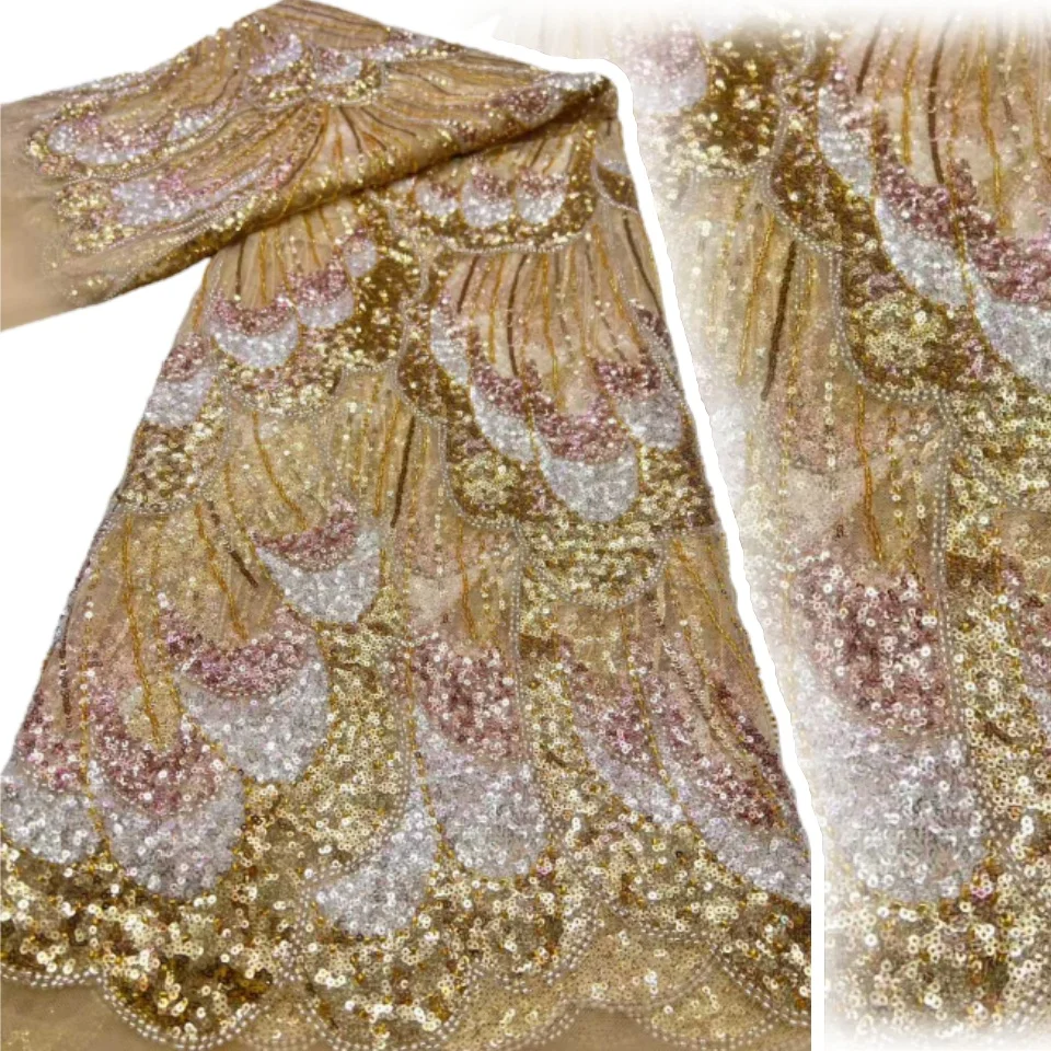 

Роскошная золотая африканская кружевная ткань с вышивкой бисером для жениха, нигерийская кружевная ткань с блестками, подходит для вечерние свадебных платьев 2173