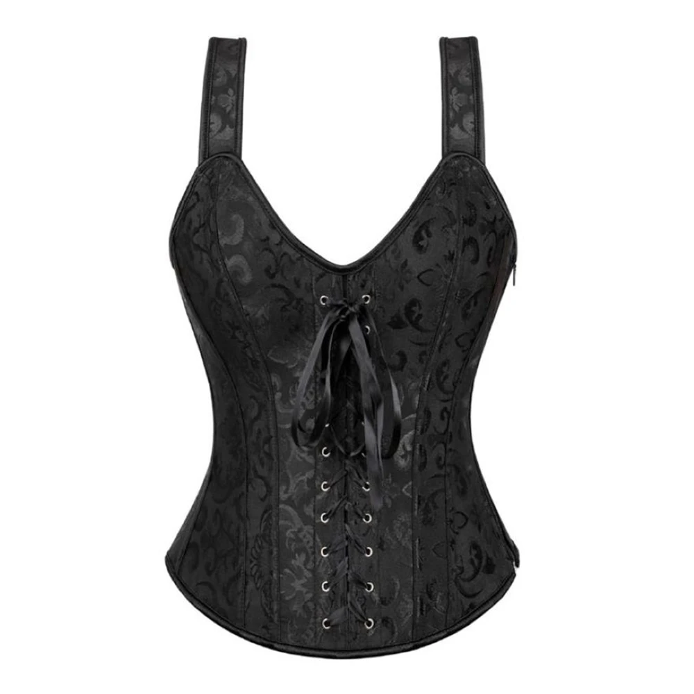 

Women Corset with Straps Black Overbust Plus Size Floral Jacquard Corset Zipper Top Gothic Steampunk Bustier