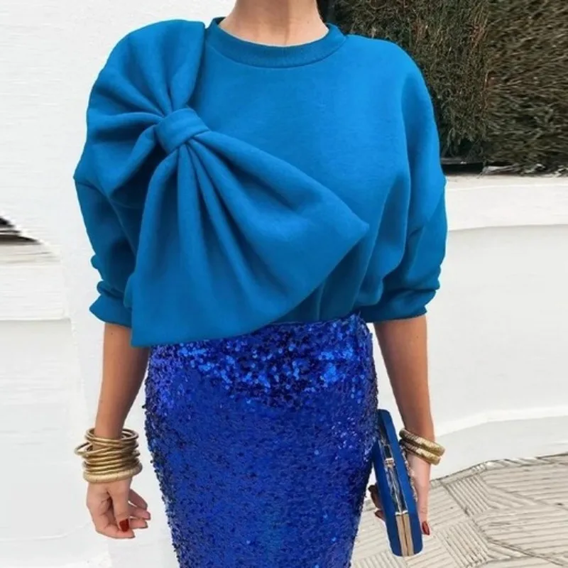 سويت شيرت نسائي خريفي بلوفرات فضفاضة ثلاثية الأبعاد بعقدة على شكل فيونكة بلون سادة وأكمام طويلة ورقبة دائرية لربيع الخريف