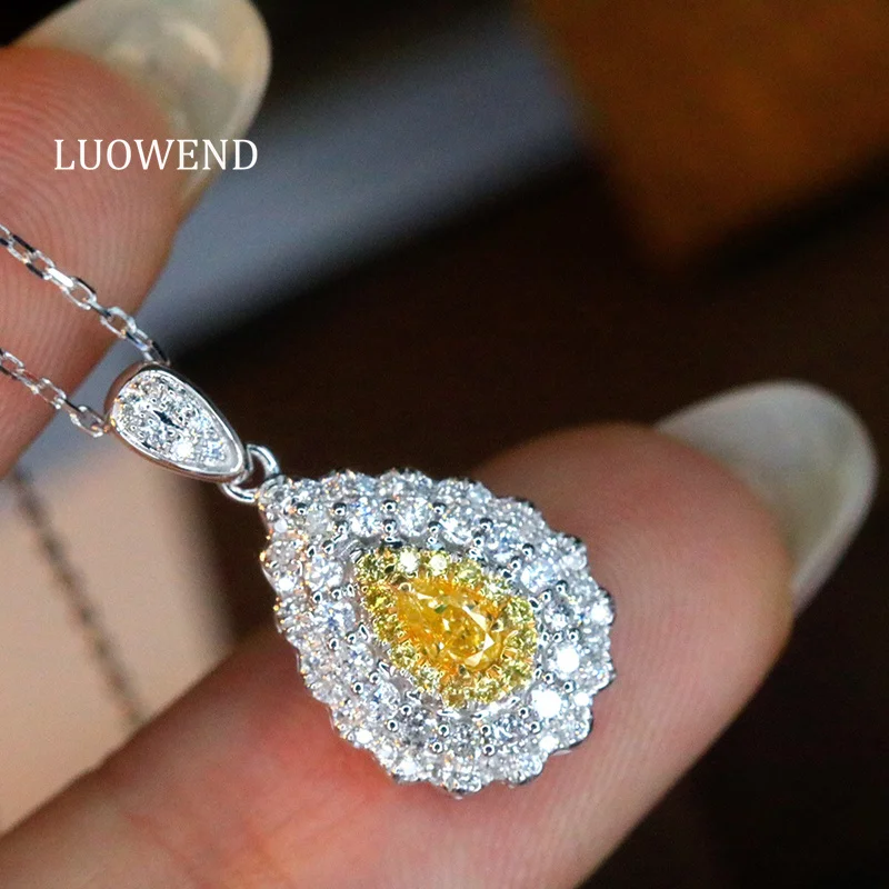 

LUOWEND 100% 18K White Gold Necklace Romantic Style Real Natural Yellow Diamond Pendant Necklace for Women High Wedding Jewelry