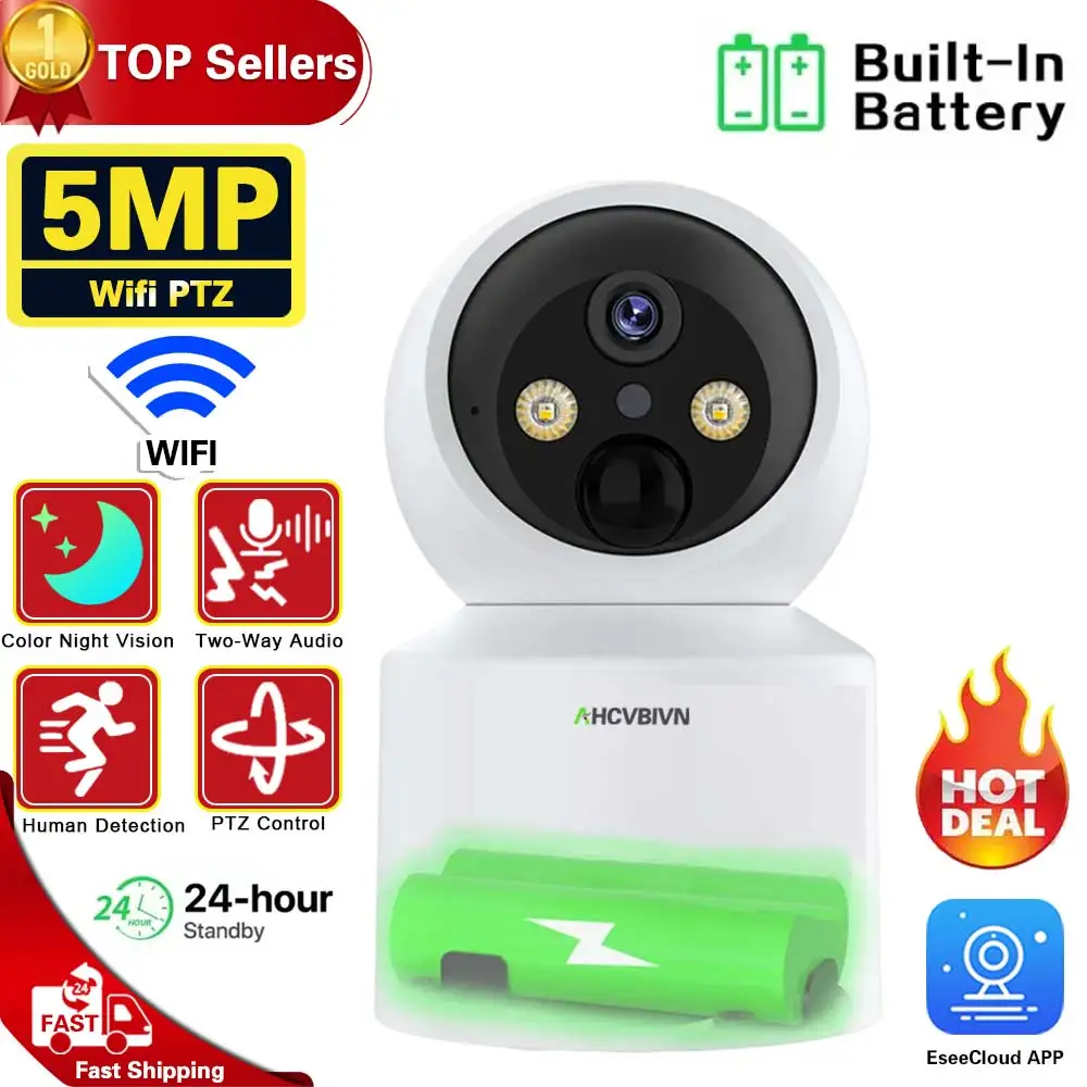 

WiFi IP Camera 5MP Baby Monitoring Built-in Battery Wireless PTZ HD Human Detection Camera Home Secuiry Surveillance Video ccam