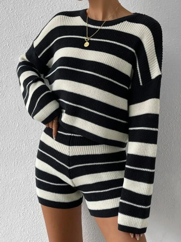 ByeMyLove Black White Stripe Shorts Sets Women Long Sleeve Pullover And Mini Shorts Stripe Outfits Autumn New Knit Sweater Sets