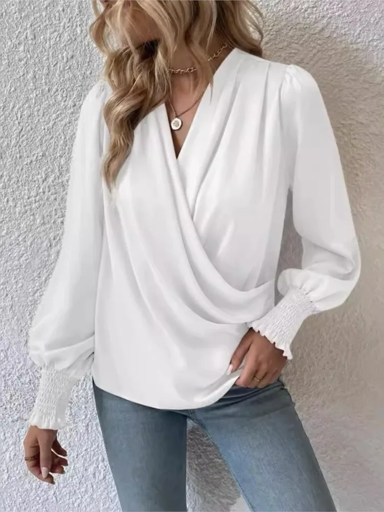 Autumn Women's New Sexy V-neck Fashionable Drawstring Lantern Sleeves Temperament Commuting Women's Solid Color Shirt