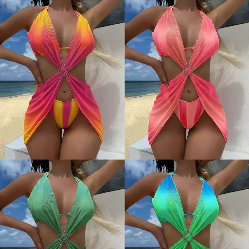 

New striped gradient heart mesh skirt three-piece swimsuit bikinibikin