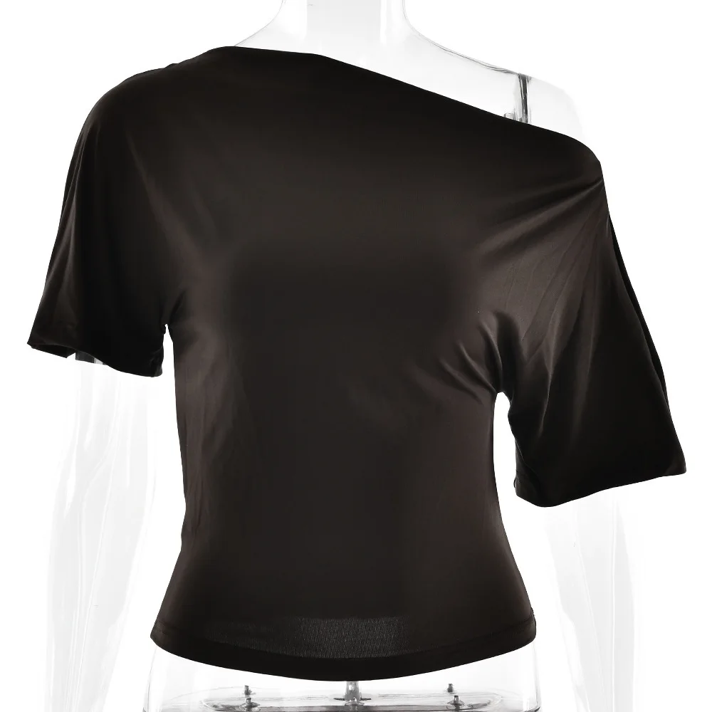2025 Zomer Nieuwe Effen Kleur Off-Shoulder Hot Girl Top Sexy Taille-Knijpen Korte Mouw Onregelmatige T-shirt
