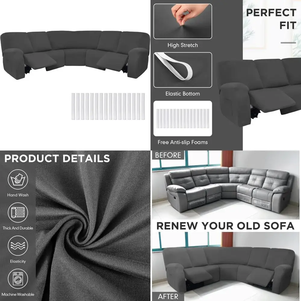 

Stretch Silk Velvet 5-Seat L-Shape Recliner Sofa Covers, Sectional Couch Slipcovers for Reclining Sofas