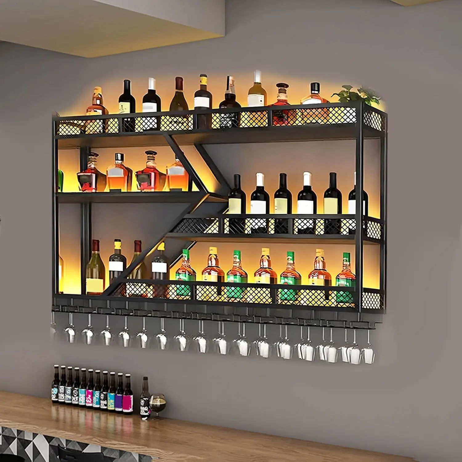 Wall Mounted Wine Rack, Large Metal Wine Bottle Holder 3 Tier, Modern Fashion Diamond Shaped Floating Bar Unit Wine Storage